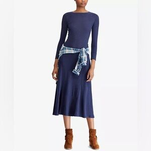 Polo Ralph Lauren Waffle-Knit Maxi Dress Size Medium In Muted Blue Cotton/Model